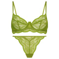 Black, red, or green women's French bra bikini set with fixed double shoulder straps on a mannequin