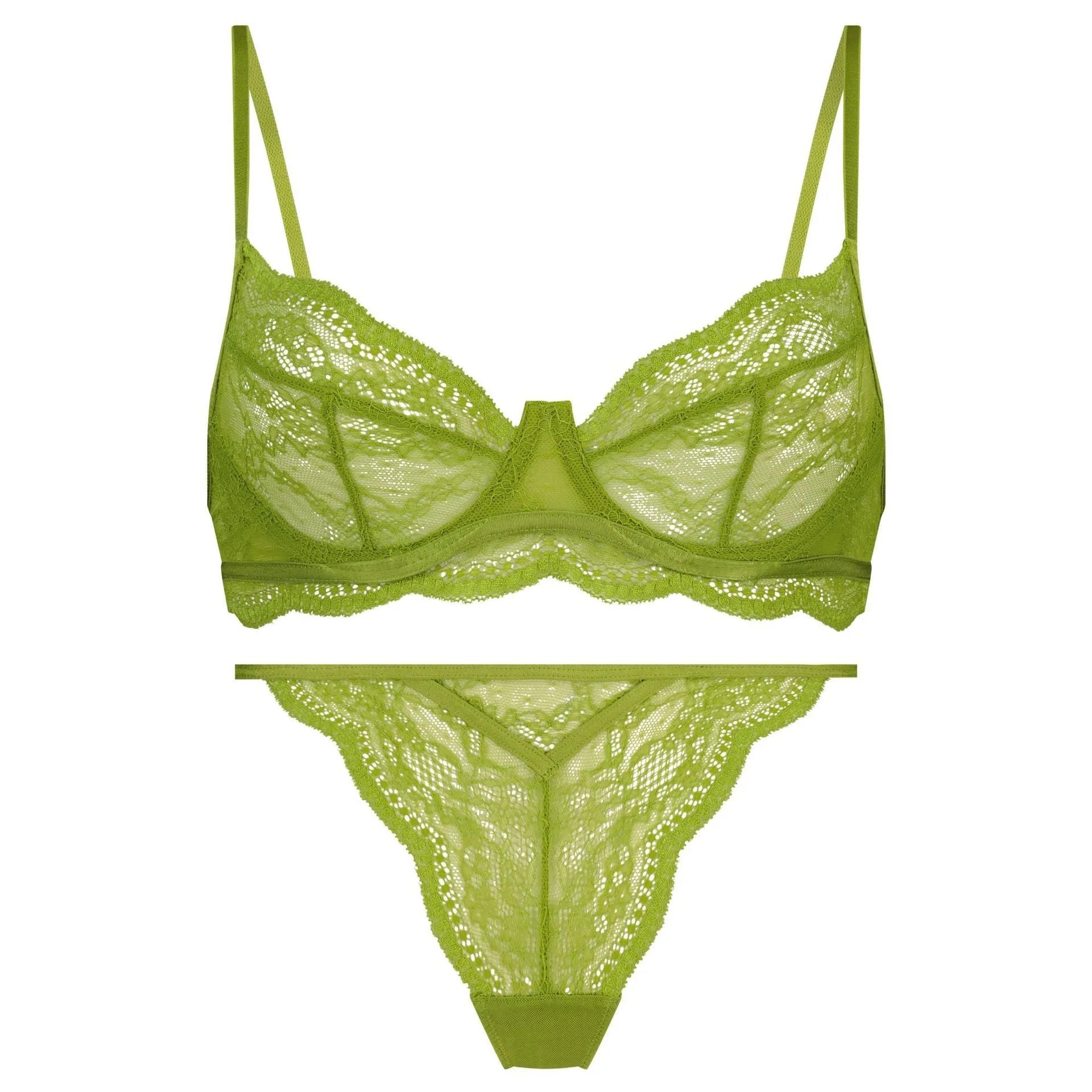 Black, red, or green women's French bra bikini set with fixed double shoulder straps on a mannequin