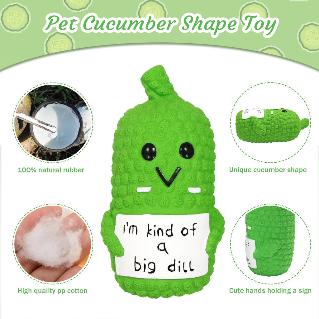Green pickle-shaped squeaky latex dog chew toy with textured nubs on a white background.