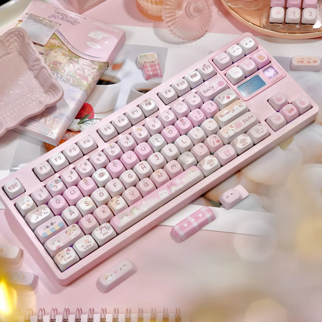 MOA height pink cartoon sublimation key caps for mechanical keyboards showing five-sided artwork coverage.