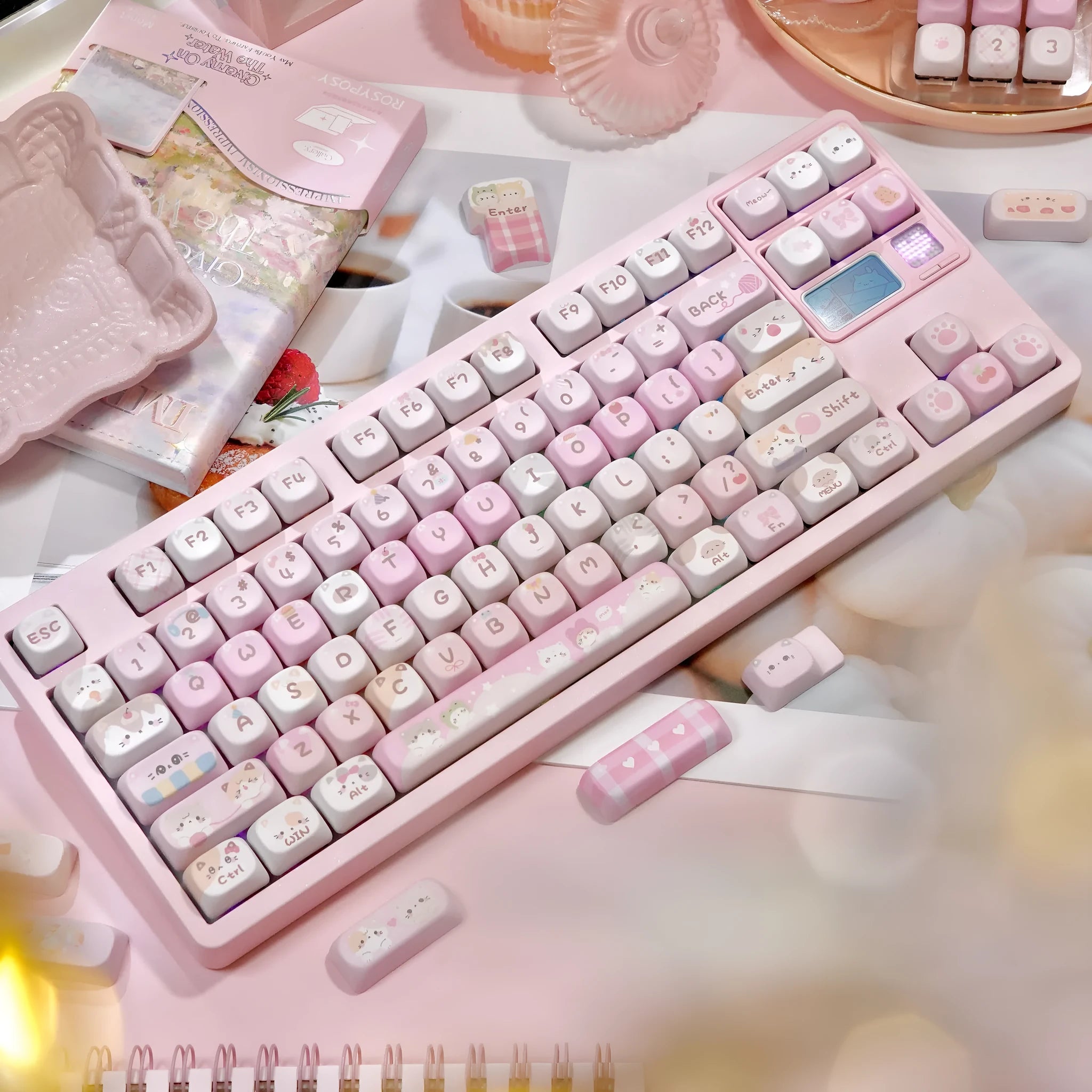 MOA height pink cartoon sublimation key caps for mechanical keyboards showing five-sided artwork coverage.