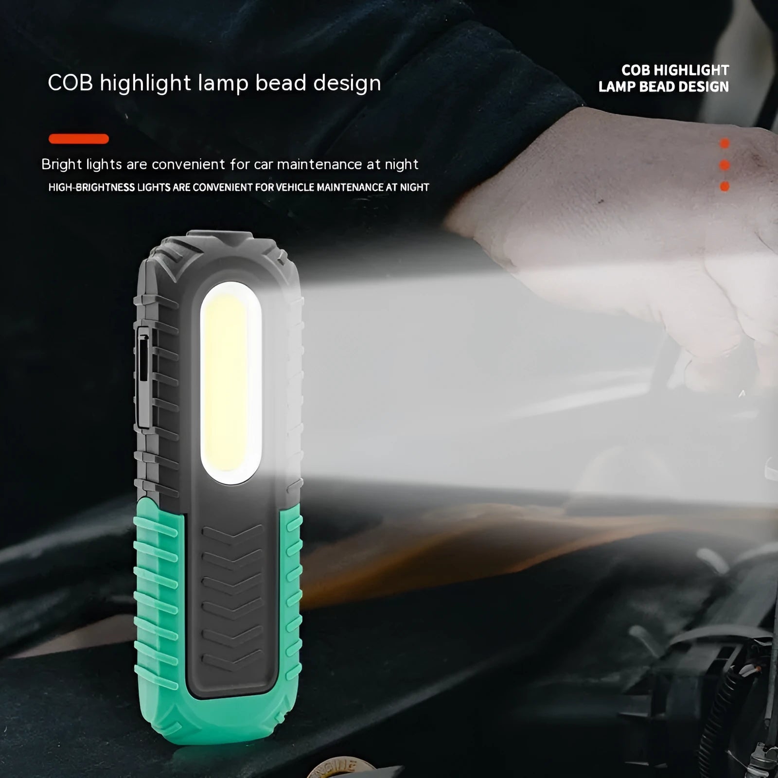 Black and green auto repair work light with USB charging cable and PET-coated ABS construction