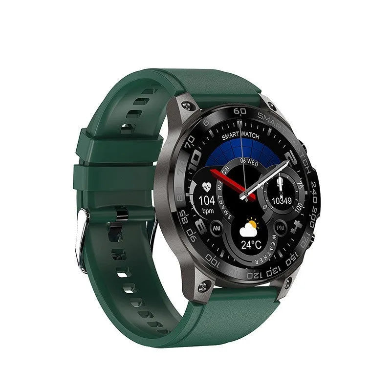Bluetooth sports watch with round AMOLED display and silicone strap showing heart rate monitoring and call functions