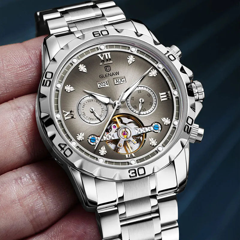 Men's automatic mechanical watch with stainless steel strap and mineral glass