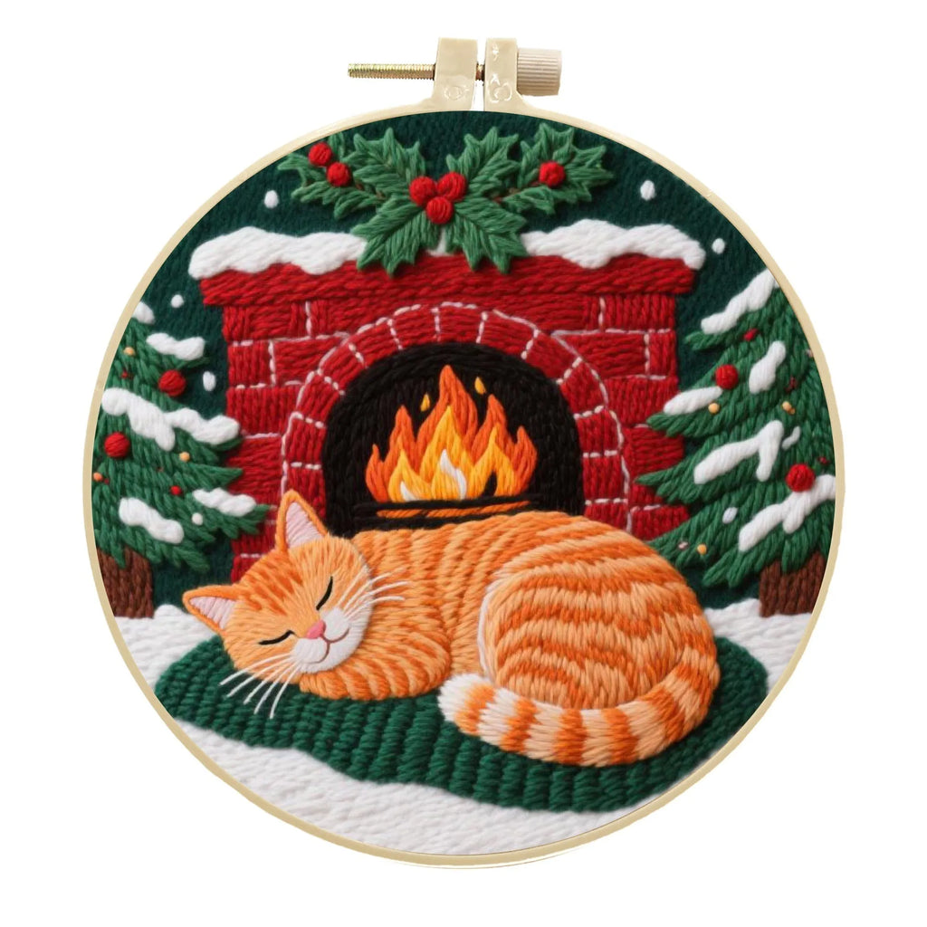 Embroidery material kit with cotton linen fabric featuring autumn fruit design, imitation bamboo hoop, and scissors.