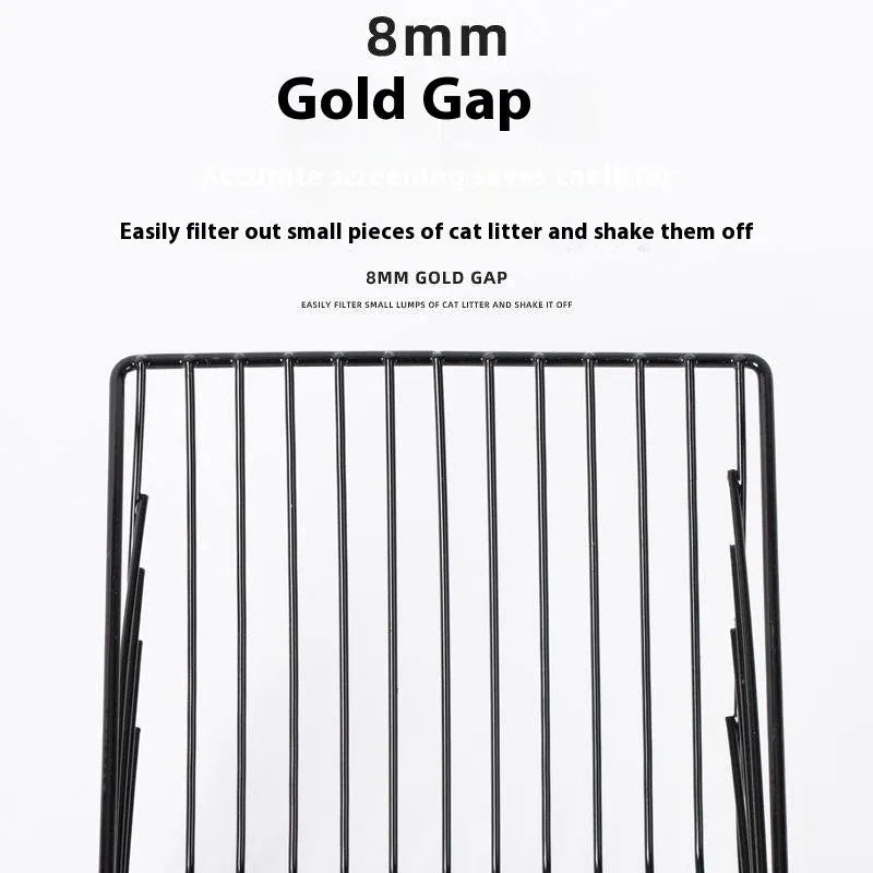 Black metal cat litter scoop with 0.8cm gap between tines for clumping litter cleaning