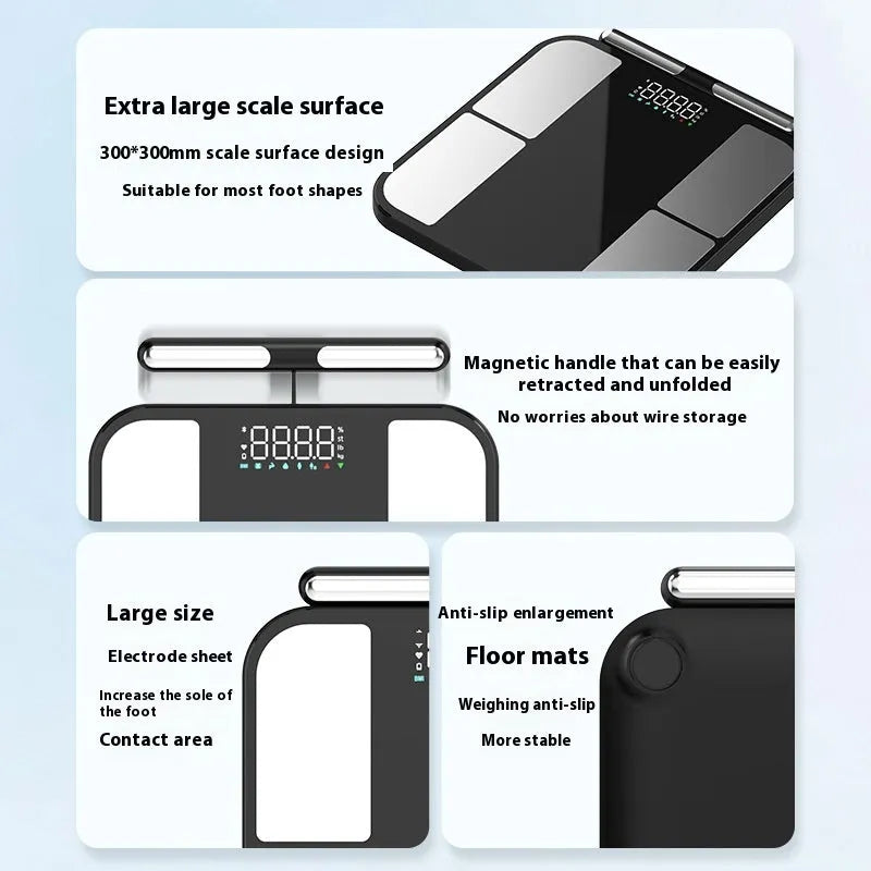 Black electronic body analysis scale with a tempered glass platform on a bathroom floor.