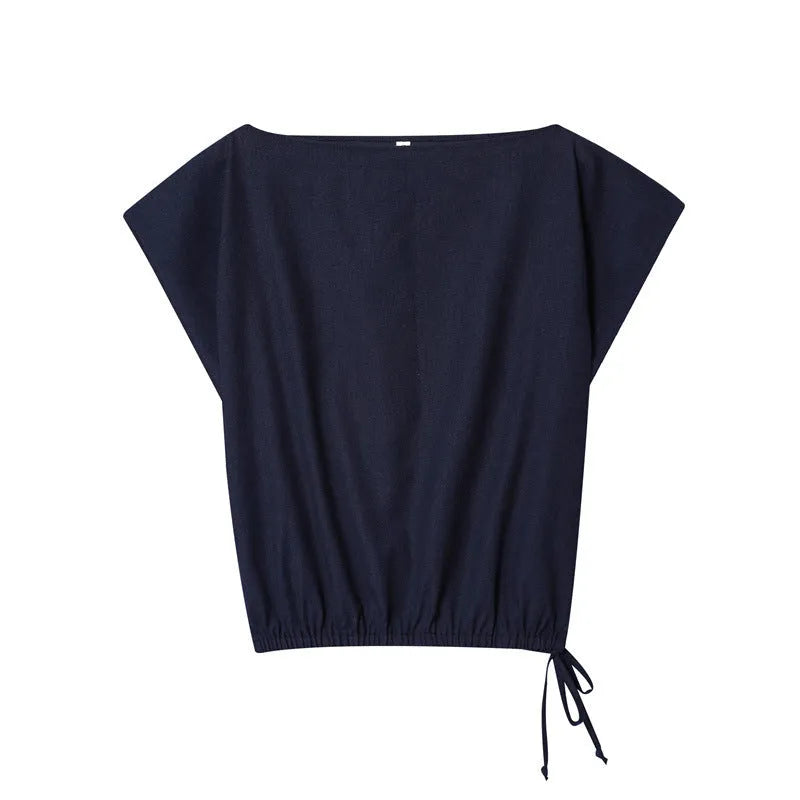 Women's linen blend blouse with flounce sleeves and matching wide-leg trousers coordinated set