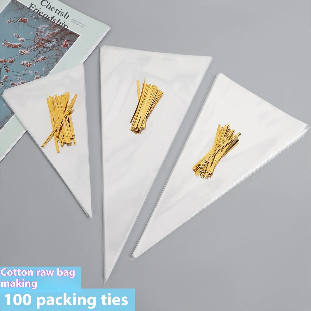 Clear triangle-shaped plastic packaging bag with a silver tie wire closure, shown in a pack of multiple bags.
