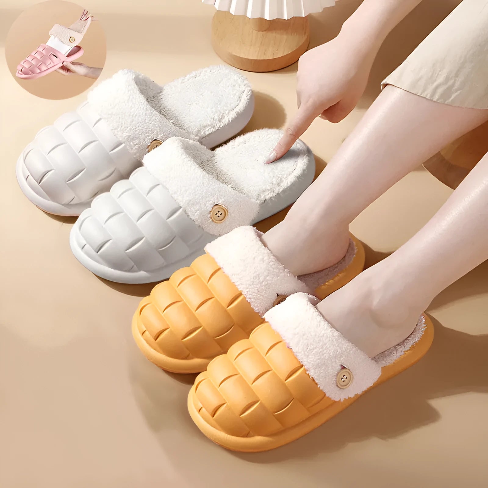 Plaid patterned detachable EVA slippers for women with plush lining and anti-skid sole.