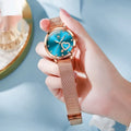 Women's fashion watch with rose shell alloy case and mesh strap in six colour variations