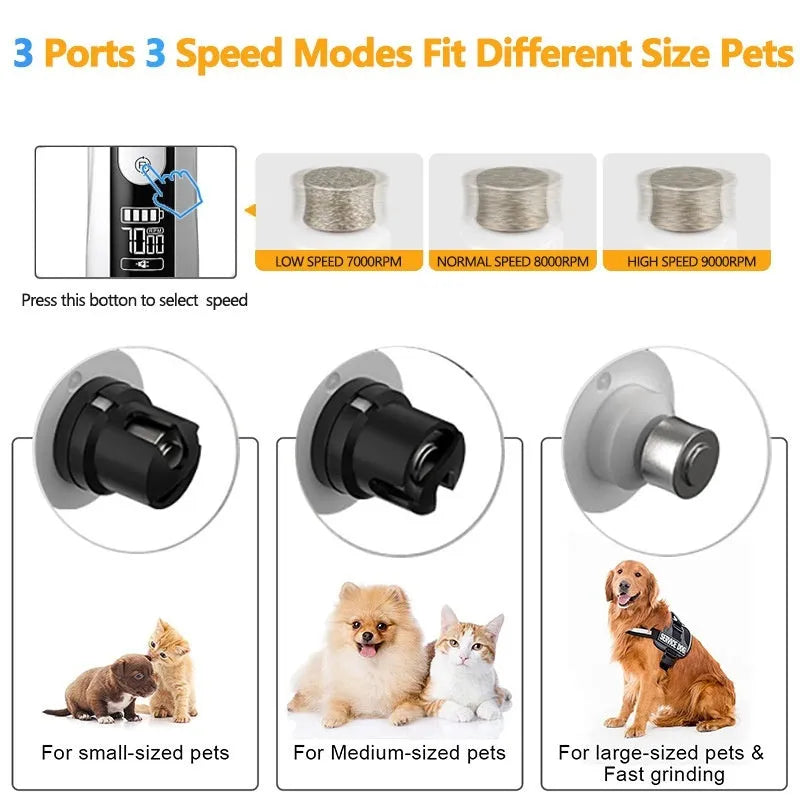 Electric dog nail grinder showing LCD display and three-speed settings