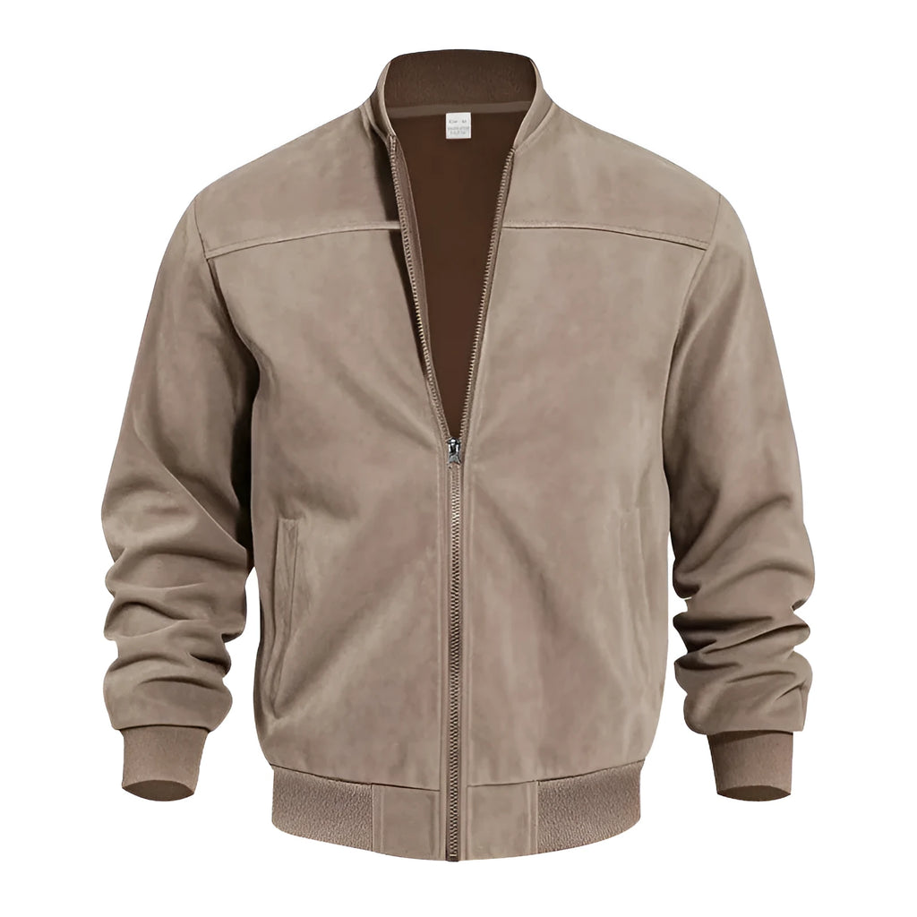 Men's plus size suede casual jacket in army green colour with a zip front.