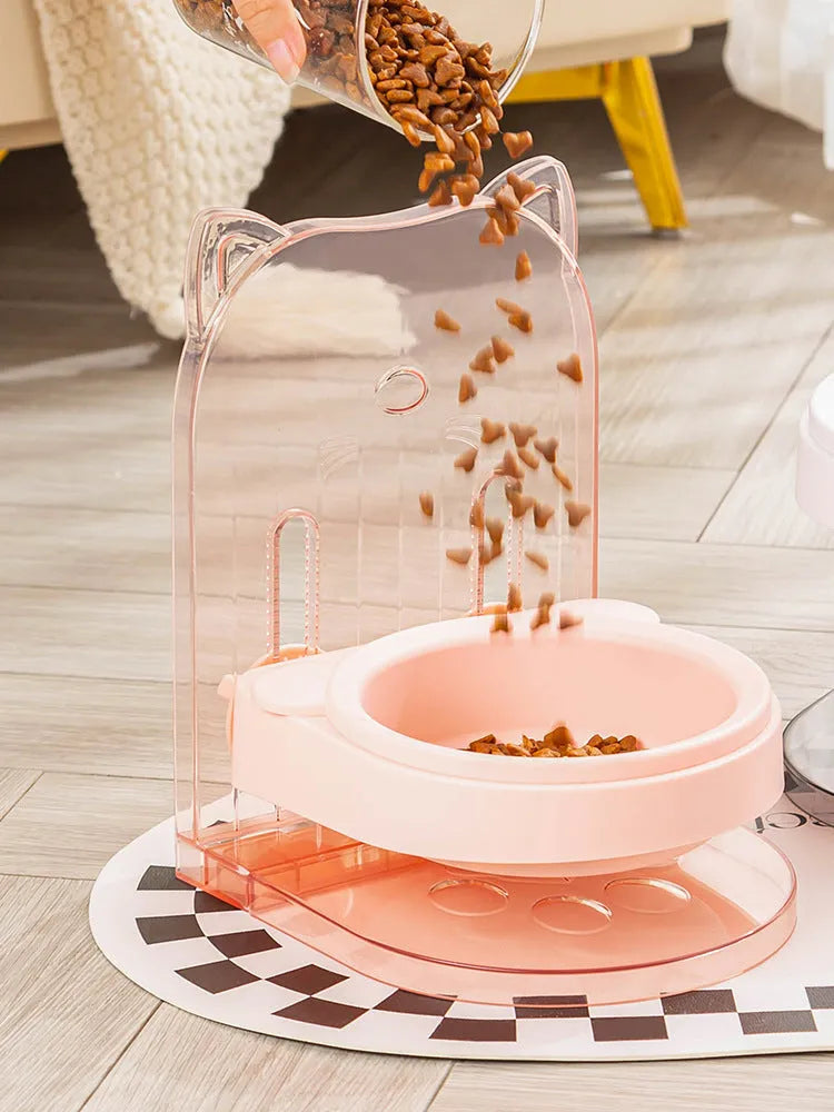 Grey adjustable height cat feeding bowl with anti-spill design and removable cage