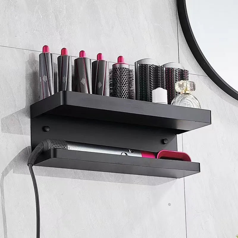 Double-layer aluminium punch-free bathroom storage rack for Marcel waver curlers in black