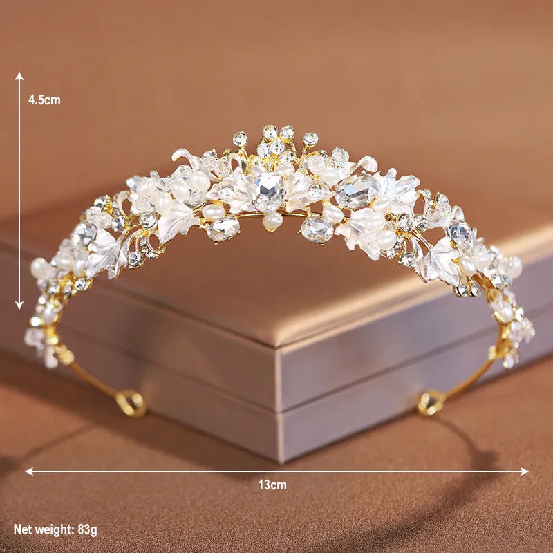 Pearl crown headdress hair accessory for women with electroplated gold finish and European-American style design