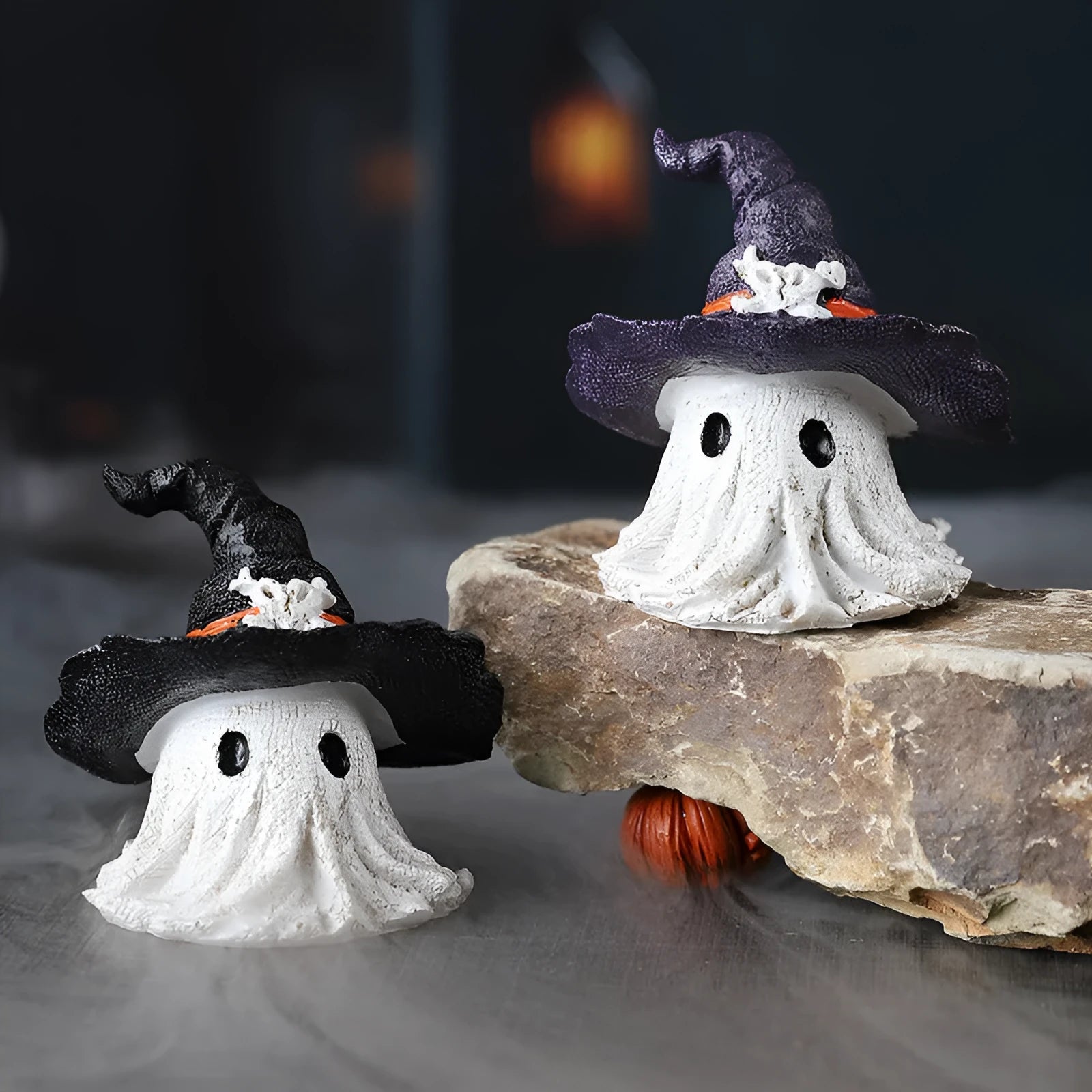 Resin wizard hat ghost ornament in purple or black for Halloween Christmas Easter decorations