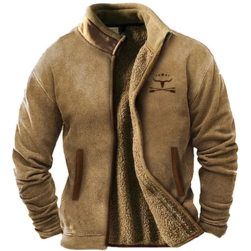 Men's green polyester fleece padded coat on a hanger, showing regular length and padded construction.