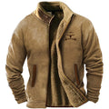 Men's green polyester fleece padded coat on a hanger, showing regular length and padded construction.