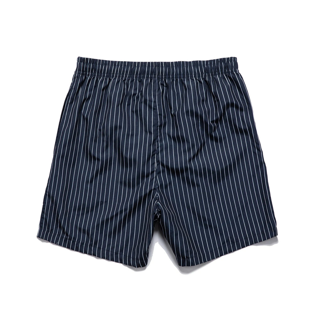 Men's striped beach shorts in navy blue, available in Asian sizes S to XXL with a straight-leg opening.