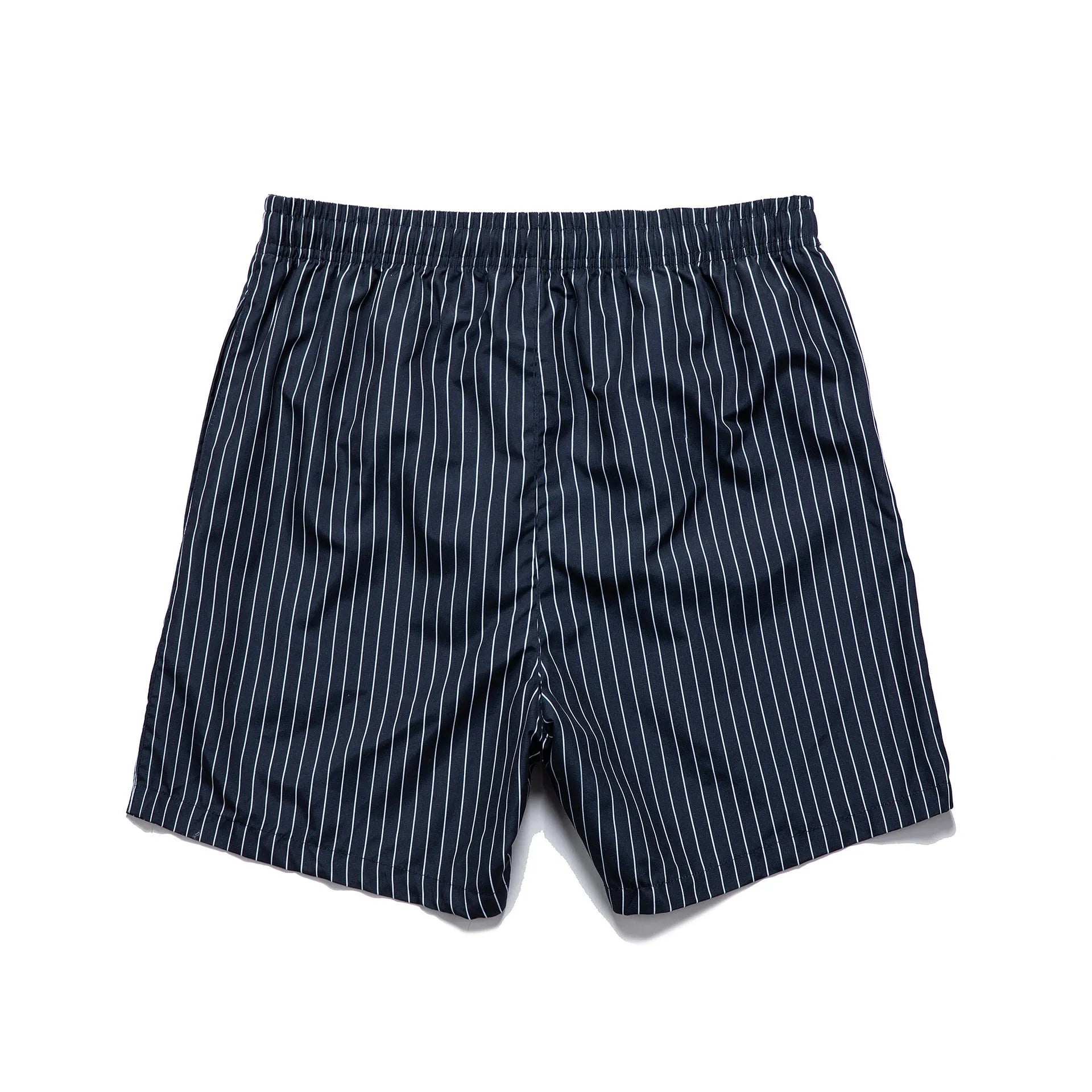 Men's striped beach shorts in navy blue, available in Asian sizes S to XXL with a straight-leg opening.