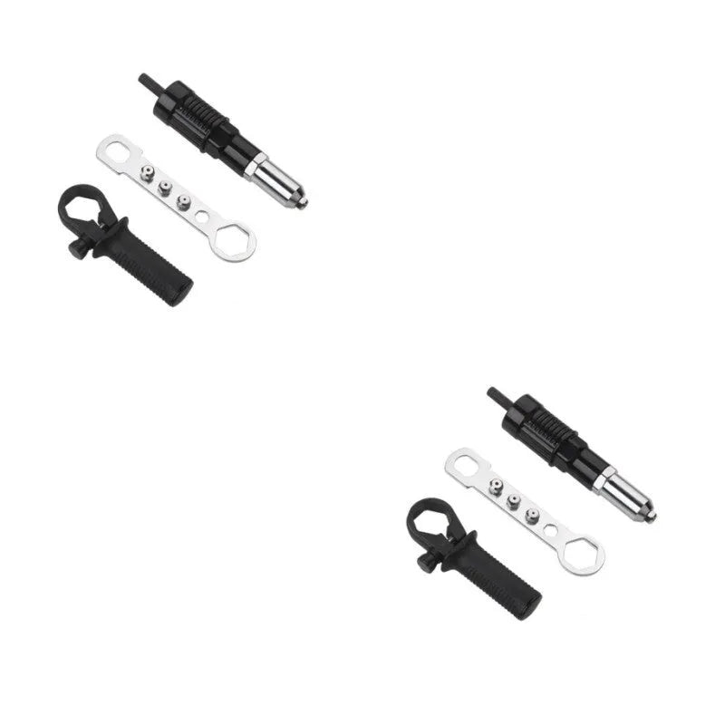 Black metal electric drill rivet gun attachment, 173mm long, with handle and four rivet heads.