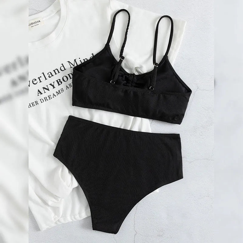 Black women's high waist sling split bikini swimsuit with sleeveless design