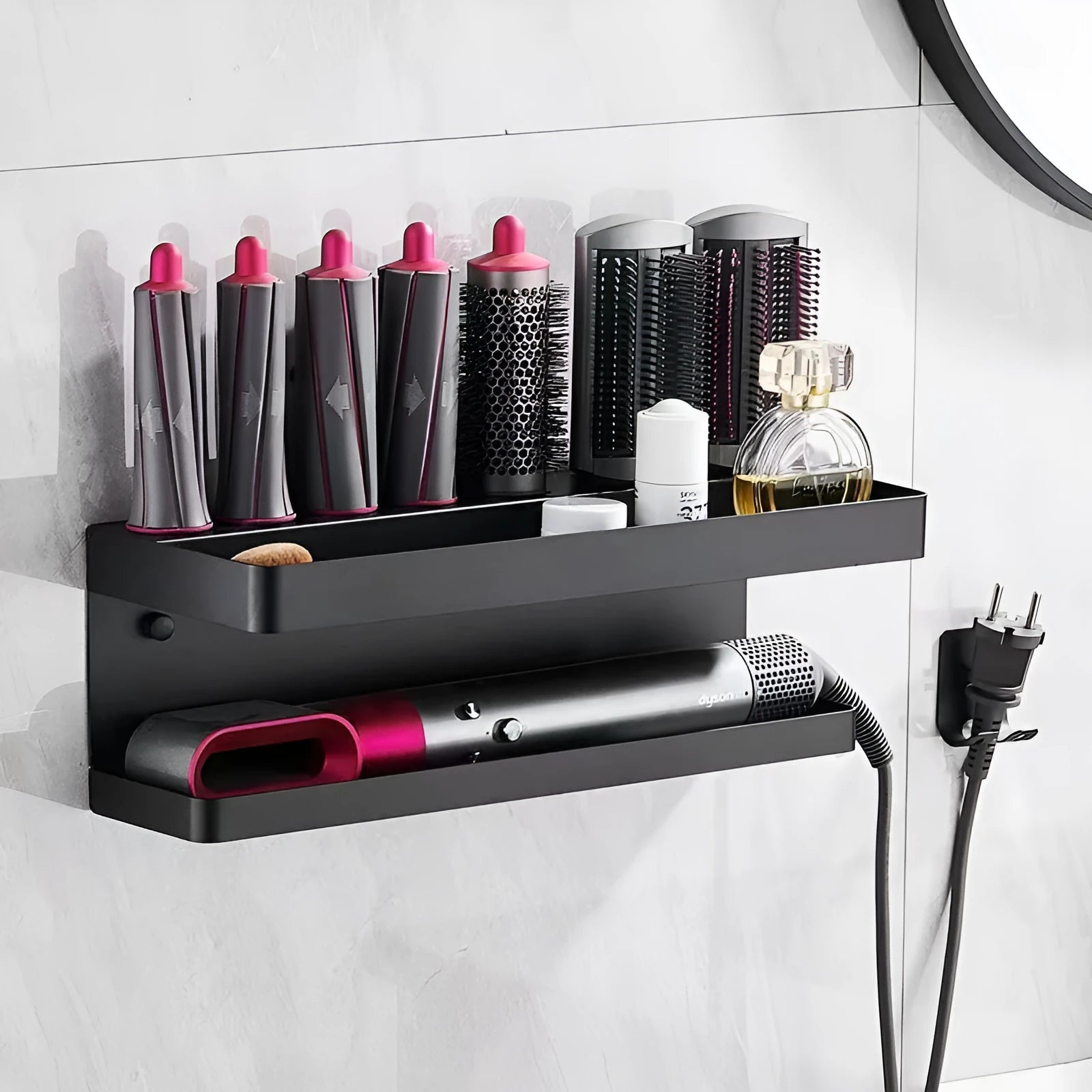 Double-layer aluminium punch-free bathroom storage rack for Marcel waver curlers in black