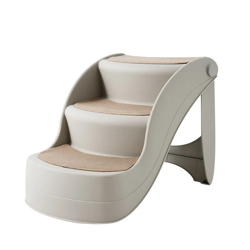 Foldable plastic pet stairs in beige colour with non-slip mats on each step