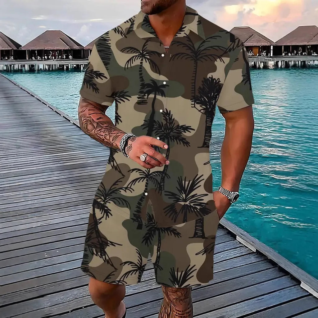 Men's Hawaii themed 3D printed short sleeve suit with matching trousers in polyester fabric