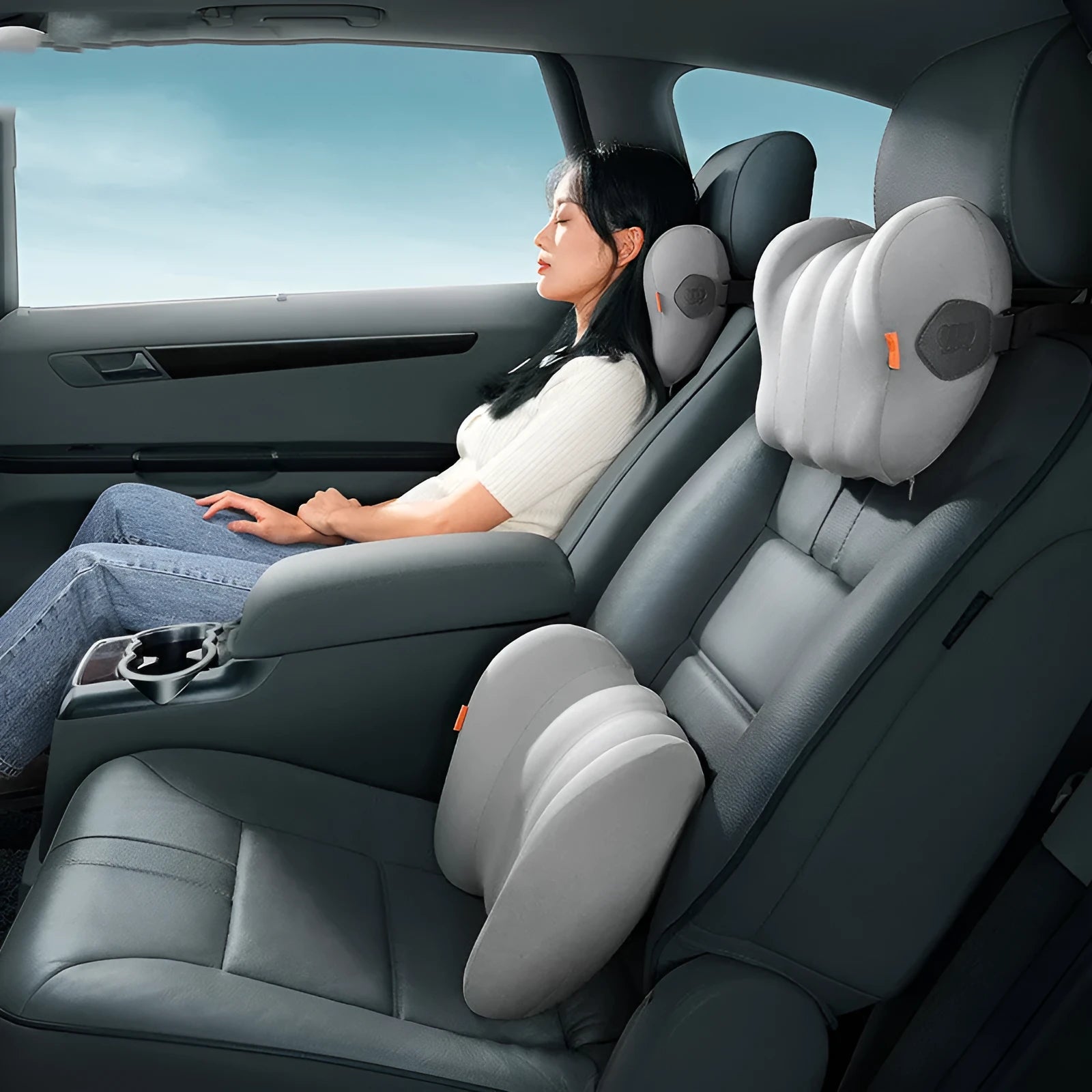 Suspension bin car head restraint neck guard and waist pillow set in grey or orange colours