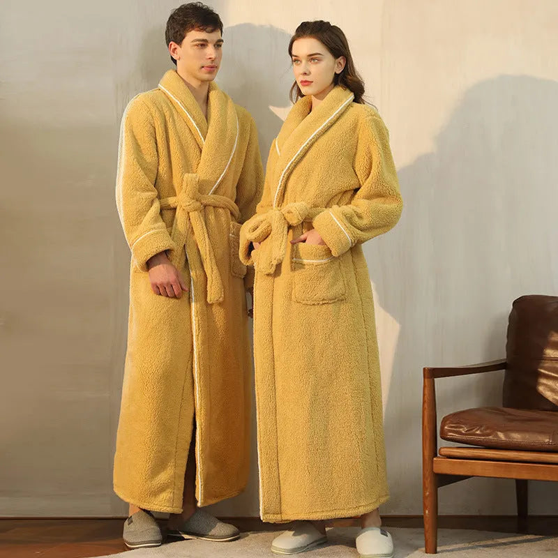 Super thick flannel winter bathrobe couple set shown in navy blue and grey colour options.