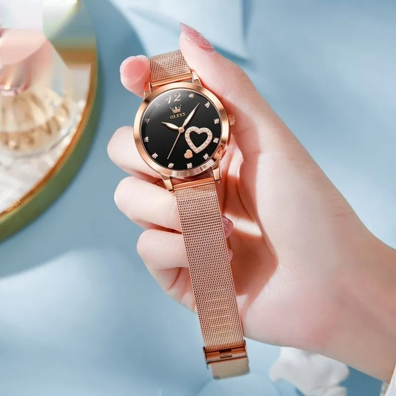 Women's fashion watch with rose shell alloy case and mesh strap in six colour variations