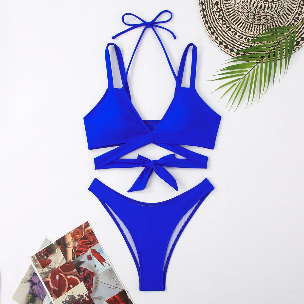 Solid colour strap bikini swimsuit for women shown in black, blue, red, rose red and white colour options