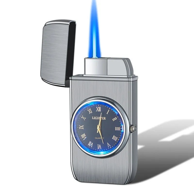Metal electronic watch lighter with wind-resistant flame, LED light, and multiple finish options