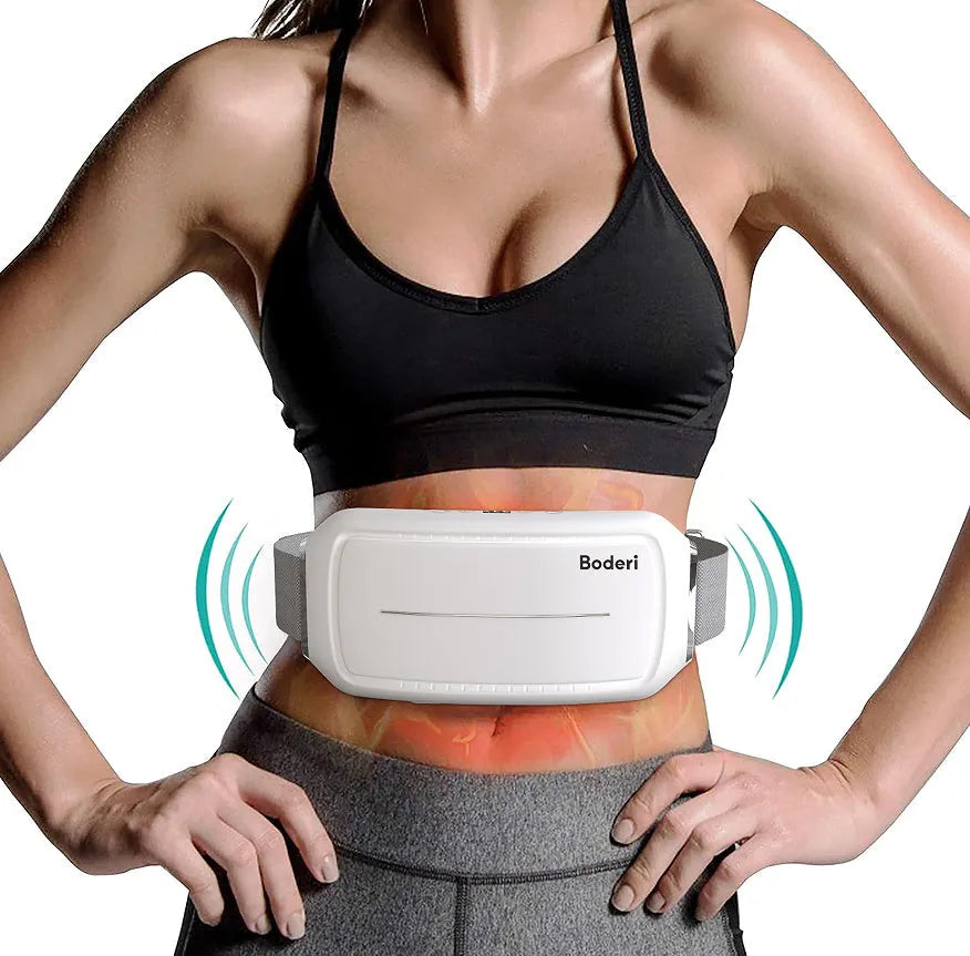 White handheld tummy machine EMS abdominal toner with gel pads on a white background