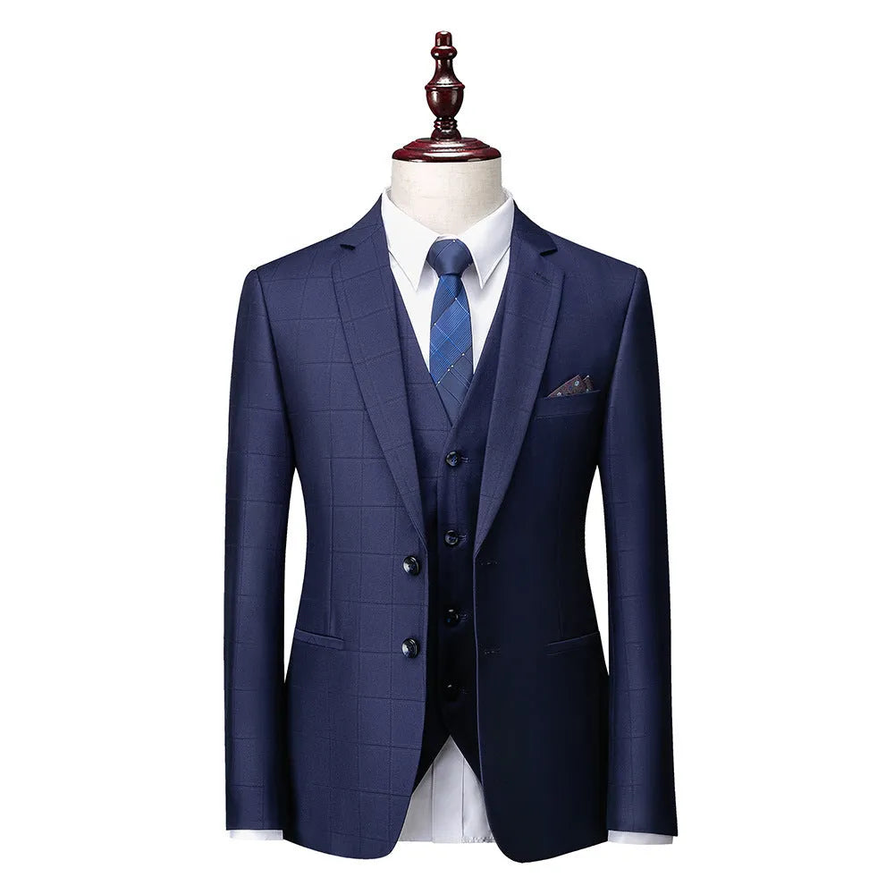 Men's navy blue plaid three-piece slim fit business casual suit with vest