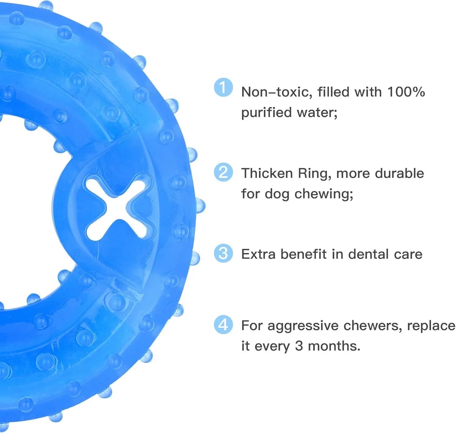 Freezable non-toxic dog chew toy in bone and circle shapes for teething and cooling.