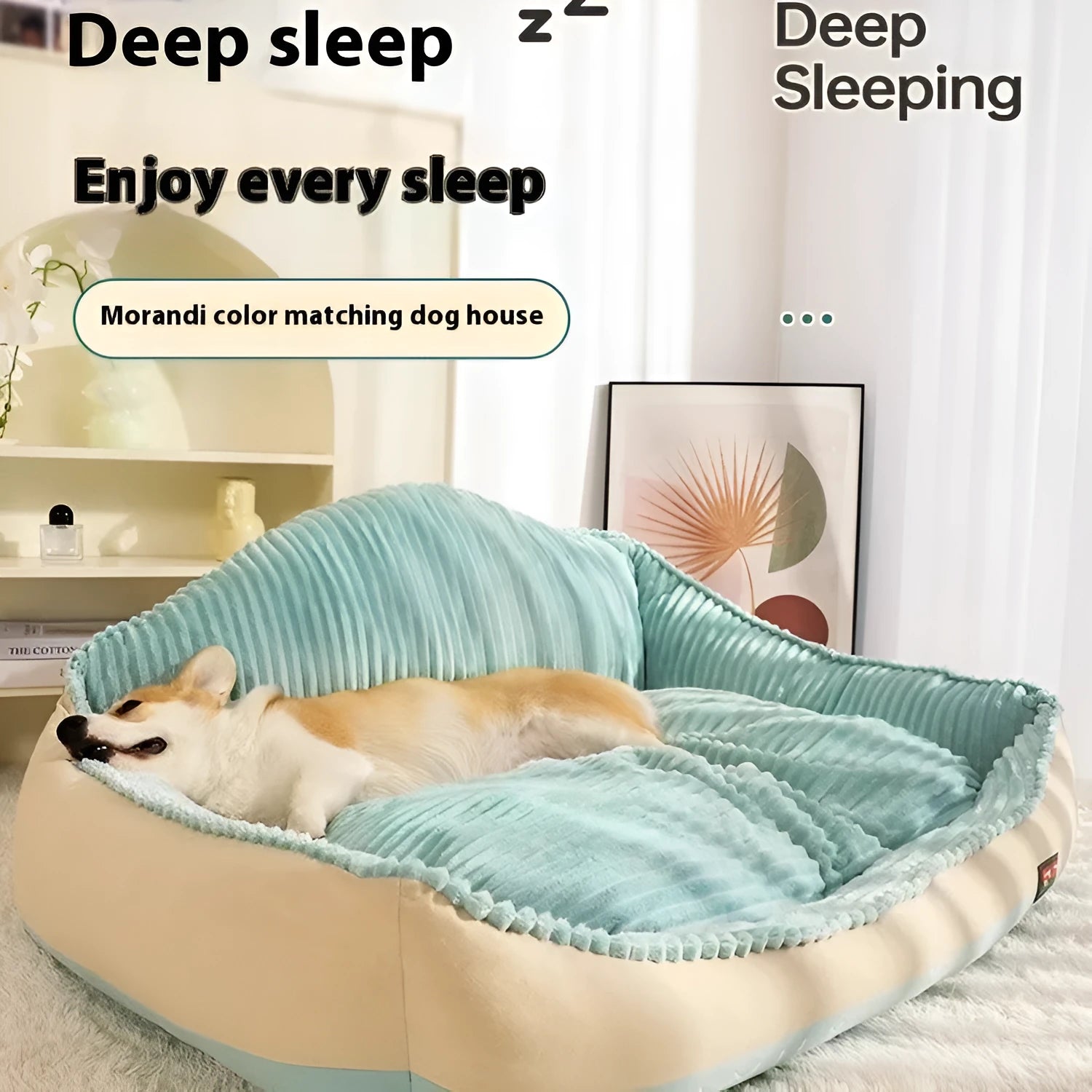 Morandi colour washable pet bed with kennel design on a sofa, shown in two sizes for dogs and cats.