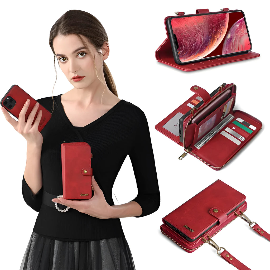 Detachable magnetic wallet phone case in black showing both attached and separated configurations