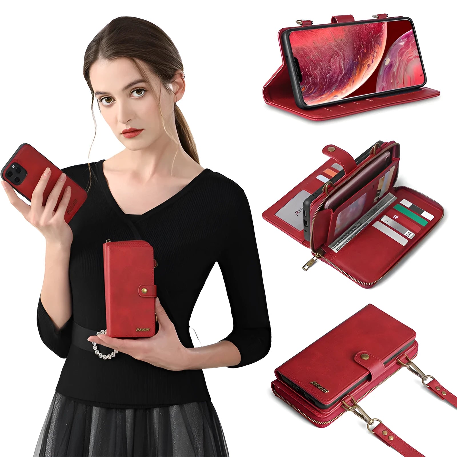 Detachable magnetic wallet phone case in black showing both attached and separated configurations