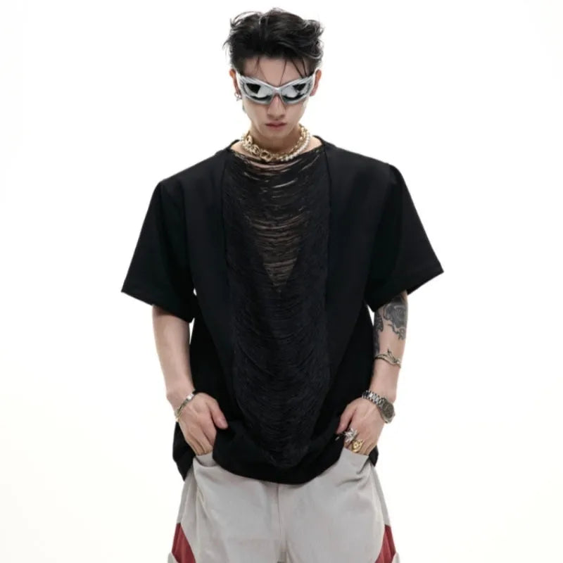 Men's black loose fit short sleeve T-shirt with V-neck hollow out collar