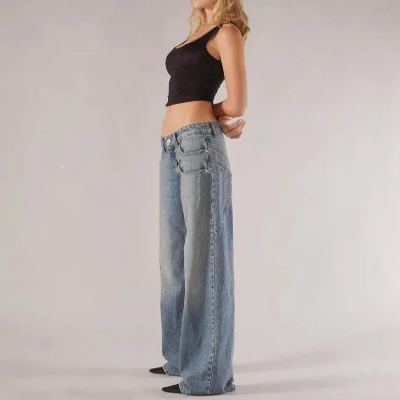 Women's blue loose straight wide leg cotton mop trousers with low waist and stitching detail