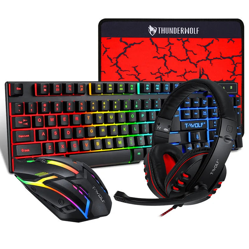 Thunder Wolf T800 and Spirit Snake wired gaming keyboard, mouse, headset, and mouse mat four-piece sets on a desk
