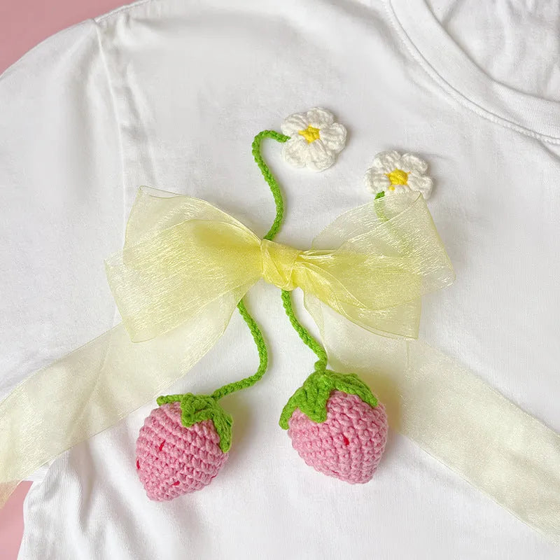 Wool crochet strawberry pendant with 35cm chain in red or pink woven design