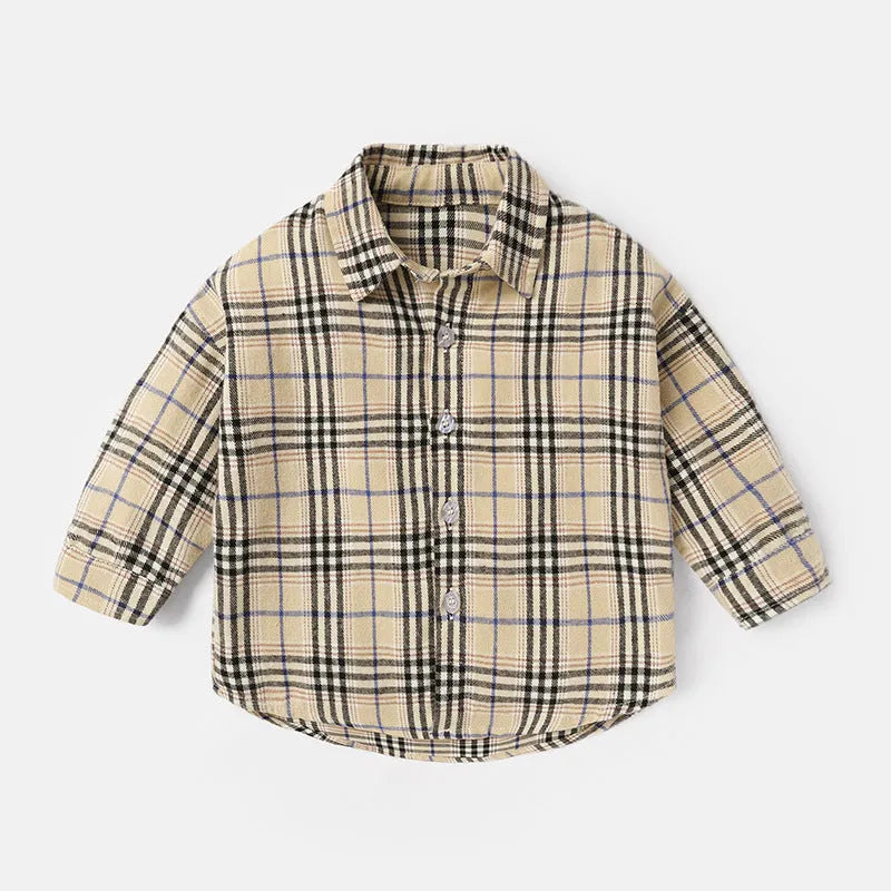 Boy's cotton lattice casual shirt with animal cartoon pattern in light blue, long sleeves.