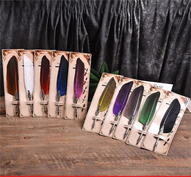 Vintage European retro feather dip pen in multiple colours with zinc alloy construction