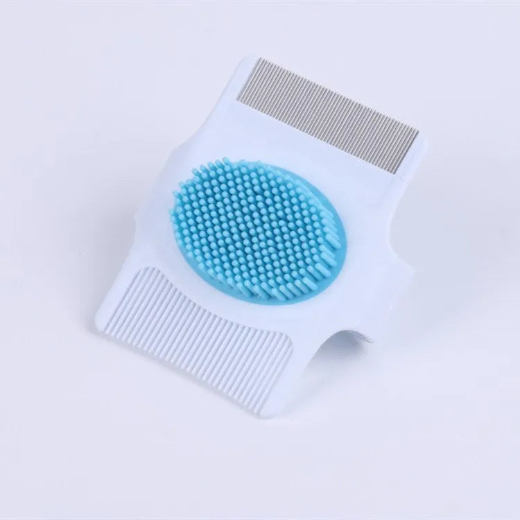 Blue multifunctional pet grooming comb with floating hair removal and massage features measuring 8.5 by 7.5 cm