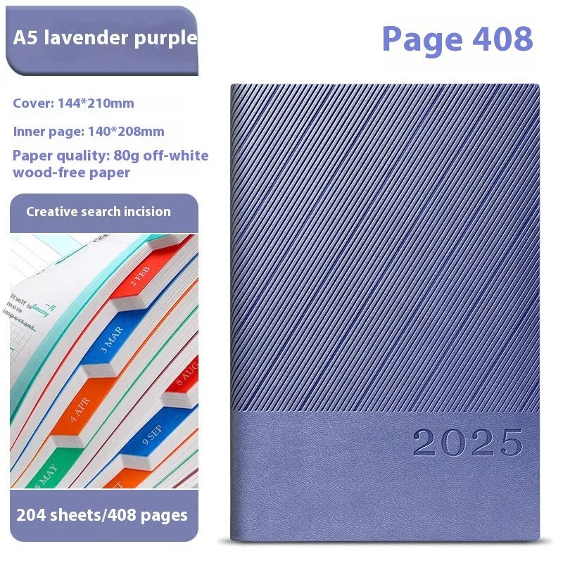 A5 striped PU leather business notepad open on a desk, showing thickened paper, available in eight colours.