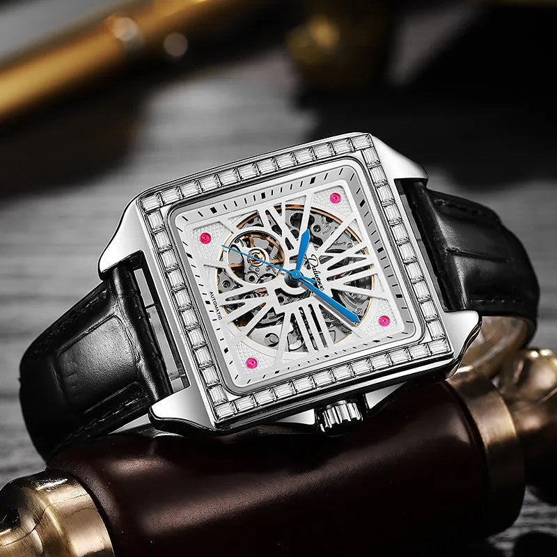 Men's square automatic watch with diamond-studded design on black leather strap